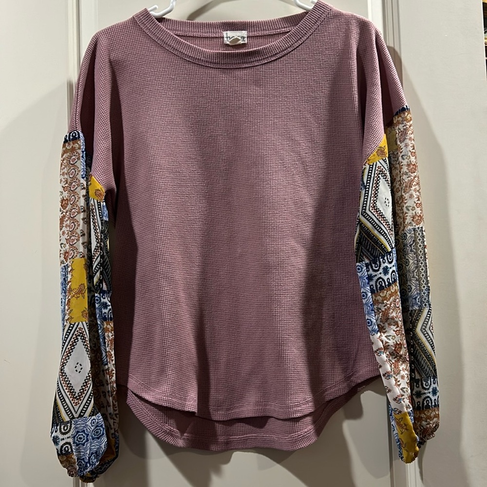 BAEA pullover waffle top floral semi sheer balloon sleeves elastic wrist size S